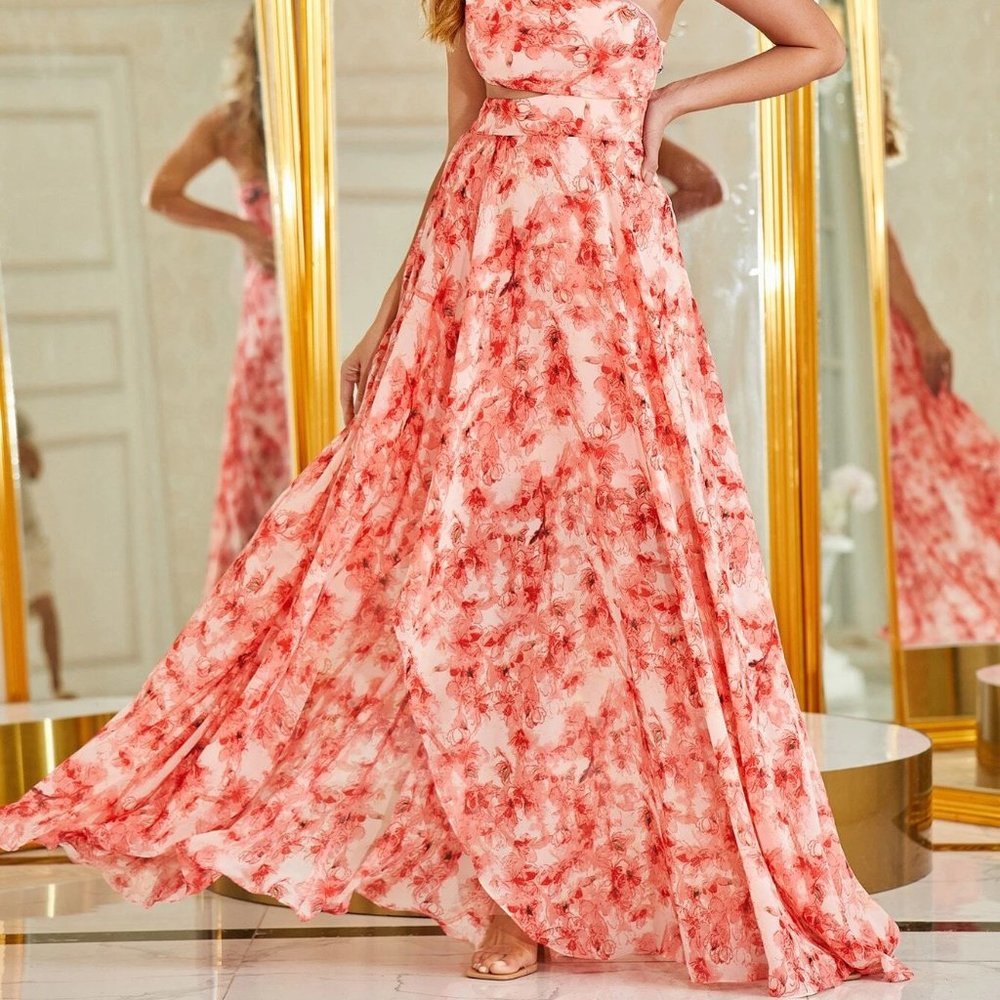 Coral Boho Womens One Shoulder Cut Out Waist Split Thigh Floral Dress - Picture 4 of 5